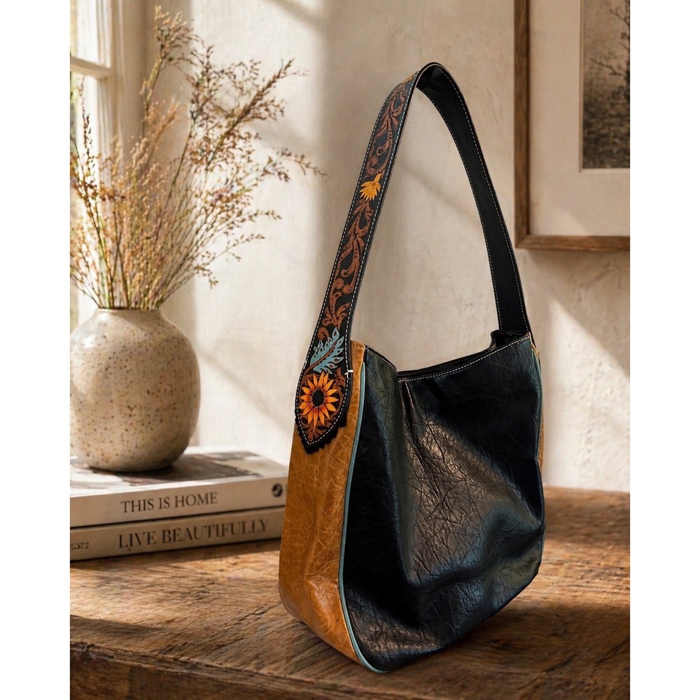 Nocona Concealed Carry Leather Hobo Bag Sunflower Tooled Strap Western Black